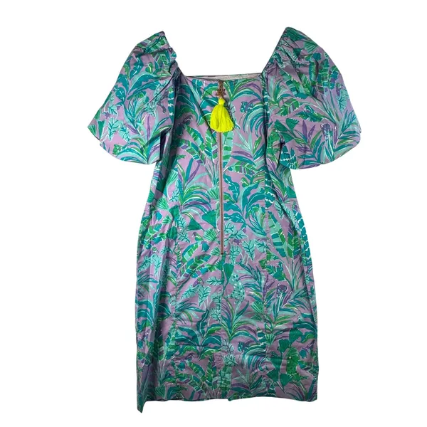 Lilly Pulitzer Lettie Dress Sz‎ 4 Purple Iris On The Chase Puff Sleeve Tropical - Image 2