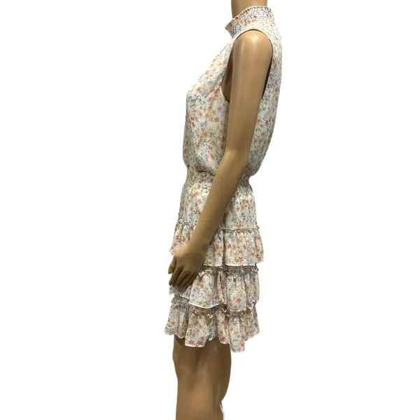 MSK Cream Floral High Neck Sleeveless Ruffled Tiered Mini Dress Womens Medium - Image 3