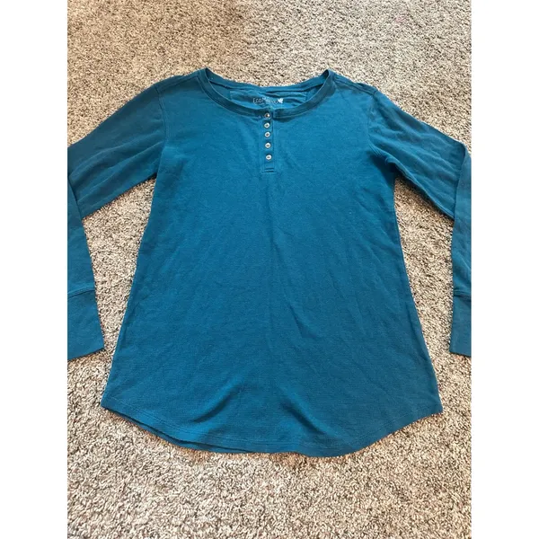 Eco Malibu Earth Yoga Womens Teal‎ Blue Organic Cotton Waffle Knit Henley Top L - Image 2