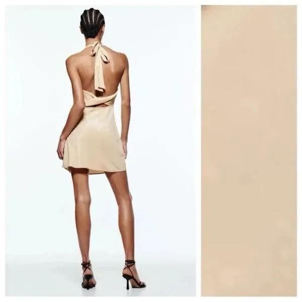 Zara Iridescent Satin Effect Mini Dress Draped Neck Open Back XS Gold Beige Y2K - Image 3