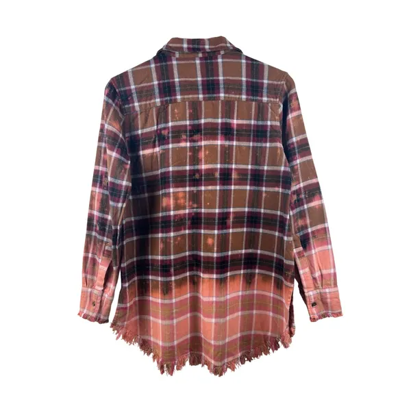 ONE 24 RAGS Distressed Bleached Plaid Flannel Shirt Women's Small Frayed‎ Hem - Image 3