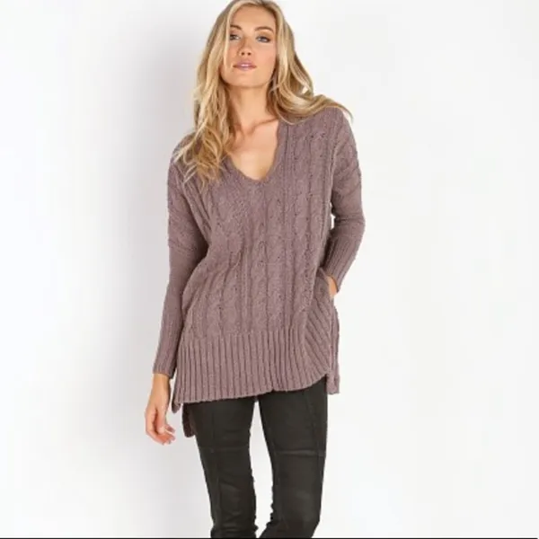 Free people easy cable v neck‎ sweater mushroom - Image 2