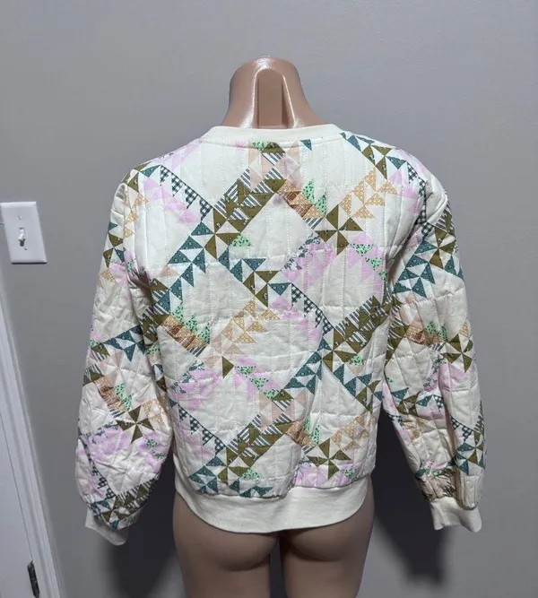 Universal Threads Quilt Quilted Cream Colorful Crew Neck Sweater Top Pullover - Image 5