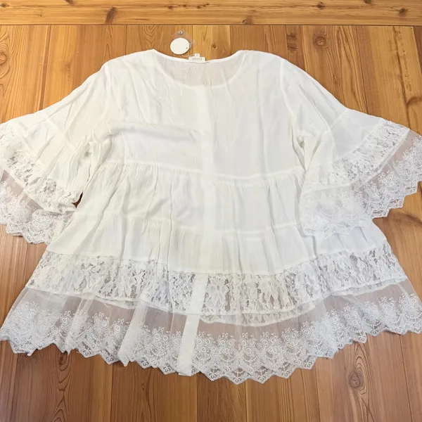 Oddi White Lace Tunic Blouse Boho Tiered Bell Sleeve Button Down Plus Size 1X - Image 5