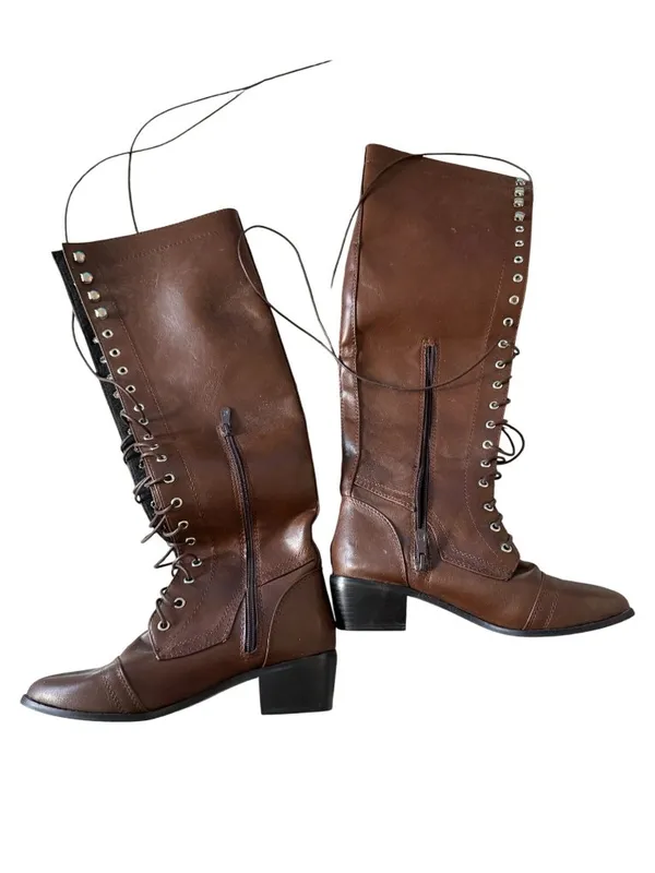 BROWN Laceup Librarian Boots Booties Size 37 / 7 - Image 4