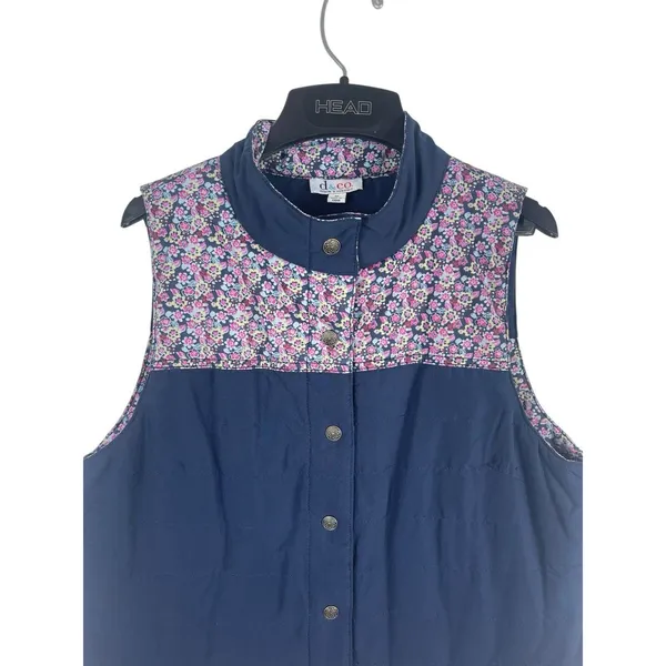 Denim & Company M Quilted Blue Floral Print Puffy Vest Pocketed Snap Button - Image 2
