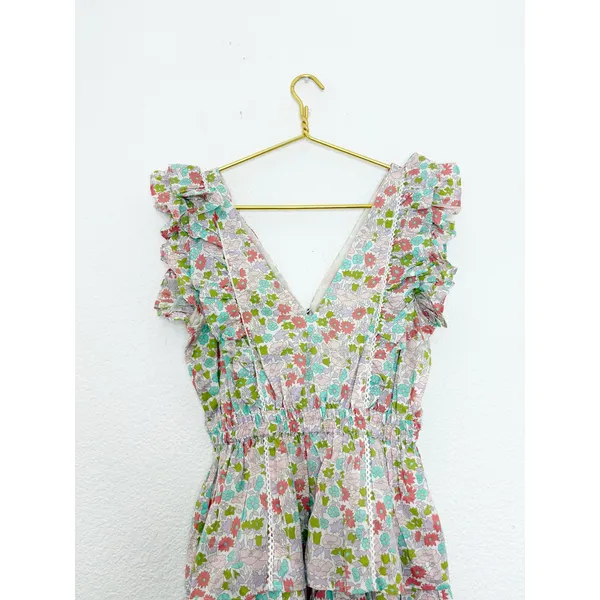Love The Label Mini Dress Small Pink Green Ines Floral Printed Tiered Ruffle - Image 7