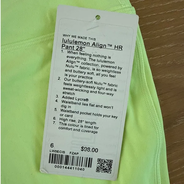 Lululemon High Rise Leggings Align 28" Size US 6 Neon Green - Image 2