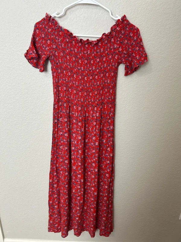Kimchi Blue Floral Smocked Off Shoulder Midi Dress Red Ditsy Print Size Small - Image 6