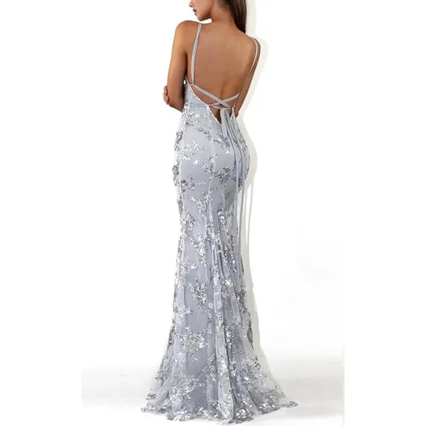 NWT ~ Gray Silver Sequins Mesh Halter V-Neck Backless Lace Up Gown Dress ~ SMALL - Image 2