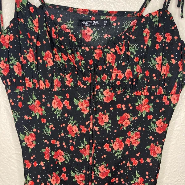 NWT Nasty Gal Bright Floral Ruched Bust Tie Shoulder Mini Dress Size 6 - Image 3