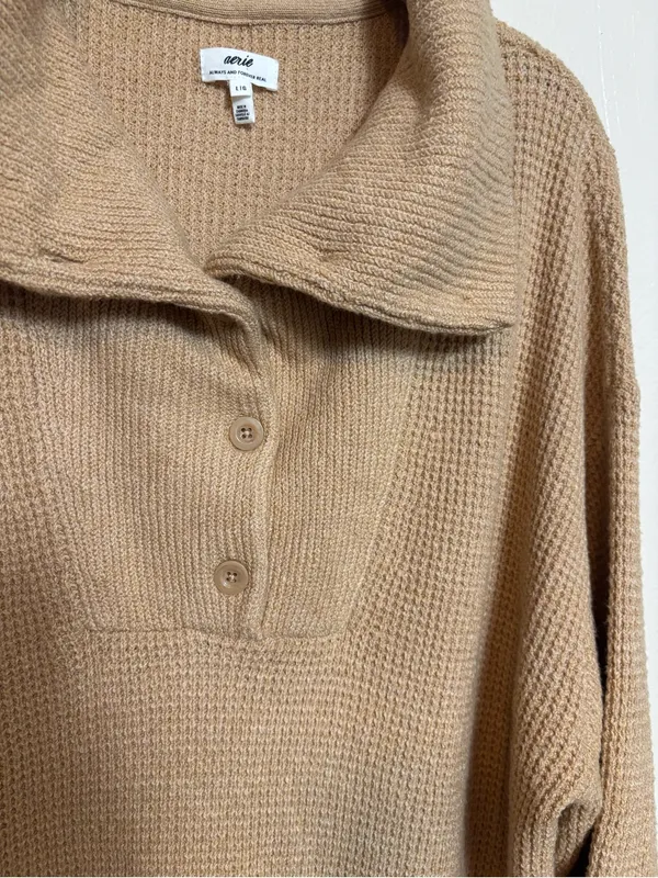 Aerie Cozy Up Waffle Knit Oversized Collar Quarter Button Tan Sweater Size L - Image 3