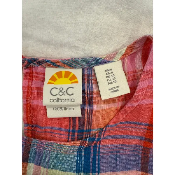 C&C California Sleeveless 100% Linen Plaid Mini Dress Pink Women's Size 6 Boho - Image 4