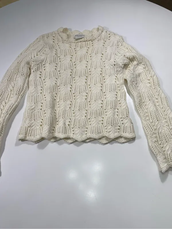 Worthington 100% Cotton Cream Scalloped-Hem Openwork Crewneck Sweater - Image 2
