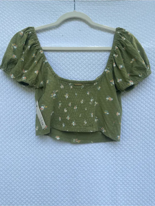 Billabong Sweet Memory Women’s L 12 Green Floral Puff Sleeve Crop Top NWT - Image 5