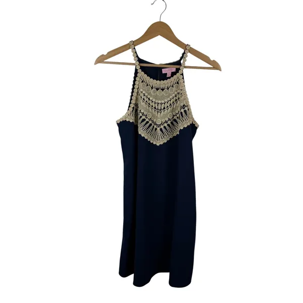 Lilly Pulitzer Pearl Soft Shift Dress Size 6 Navy Gold Metallic Classic Preppy - Image 3