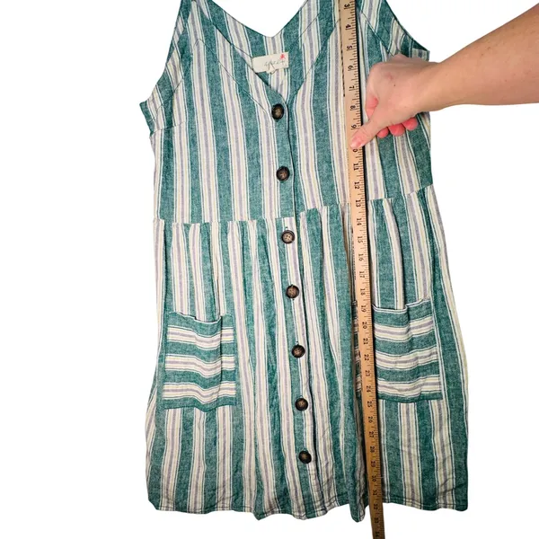 April Kiss Striped Linen Blend Dress Women's M Green Button Cottagecore Beachy‎ - Image 8