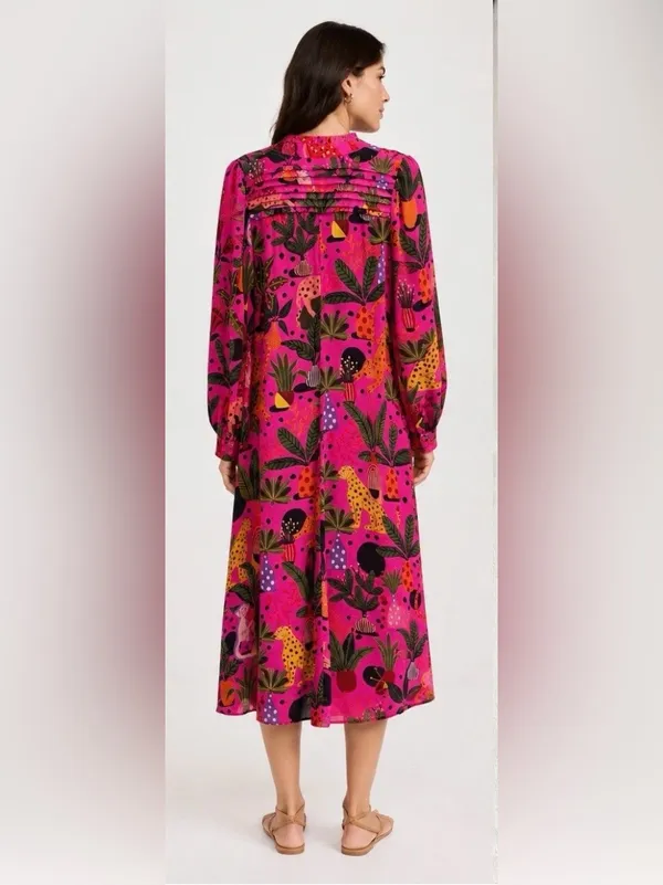 Farm Rio Jungle Print Maxi Dress Womens Pink Leopard Monkey Long Sleeve Sz S - Image 2
