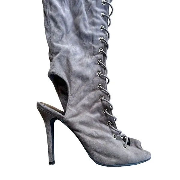 Lace Up Stiletto Heel Heels over the knee -Gray Faux Suede, Size 7 - 4.5”heels - Image 3