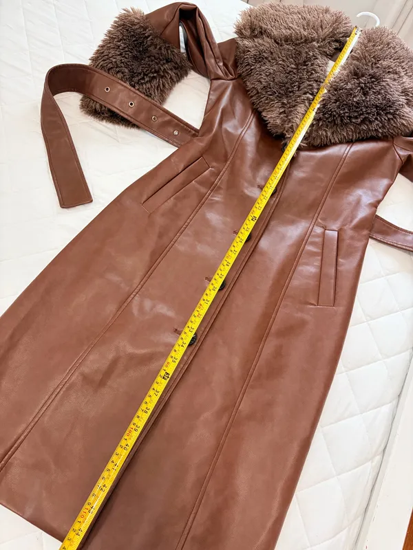 Avec Les Filles Brown Faux Leather Fur Trim Belted Maxi Coat XS Y2K Glam Luxe $258 - Image 7