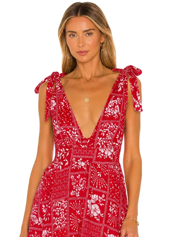 House of Harlow 1960 Linen Bandana Print Mini Dress Women Medium Red Bow Revolve - Image 3