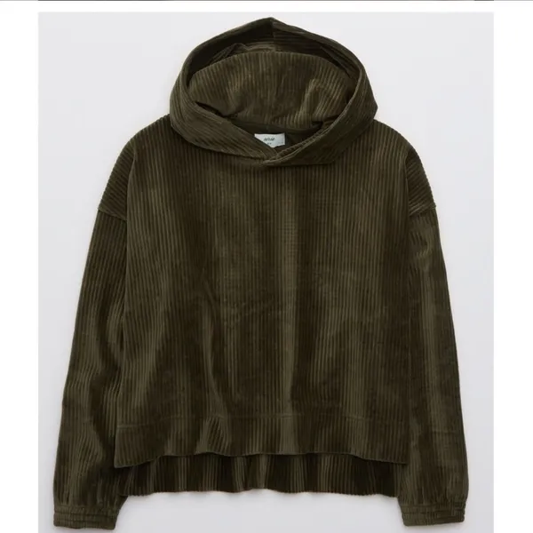 Aerie Groove on Offline Oversized Ribbed Olive Green pullover Sweater Hood M - Image 3
