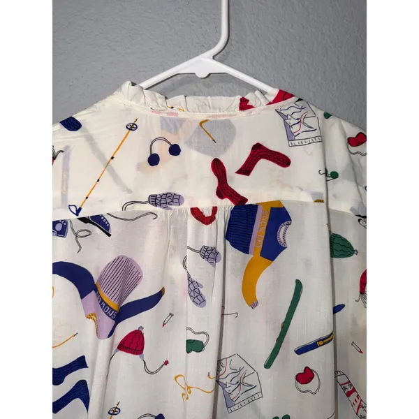 Maeve Anthropologie Blouse Size 2 Winter Gear Novelty Print Ruffle White Multi - Image 9