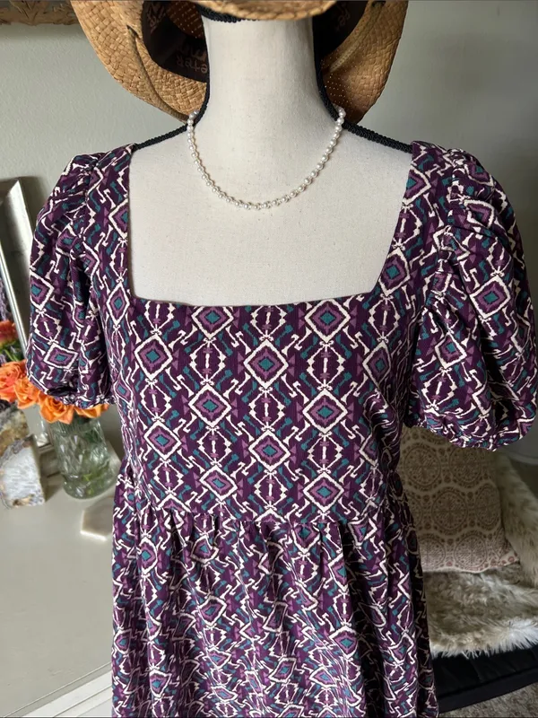 Anthropologie Boho cottage purple corduroy cotton puff sleeve square neck babydoll dress L - Image 2