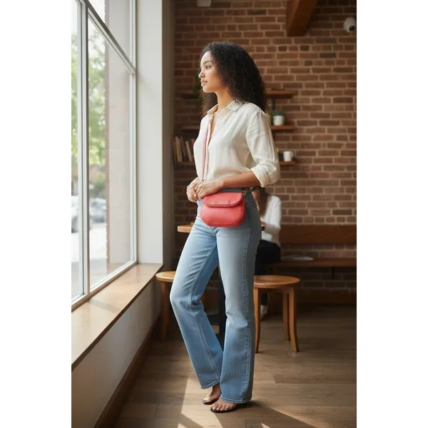 Michael Kors Crossbody Bag Womens Small Coral Pink Pebbled‎ Leather Gold Chain - Image 2