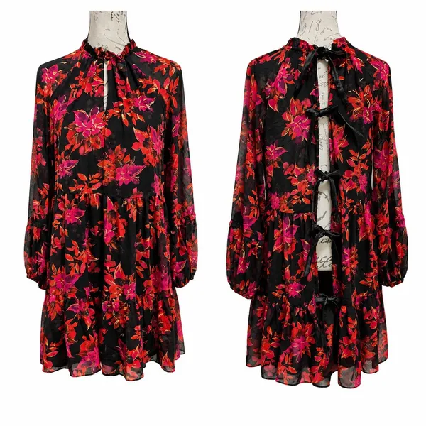Vince Camuto Red Floral Open Back Tie Mini Dress Black Gold Metallic‎ Small - Image 2
