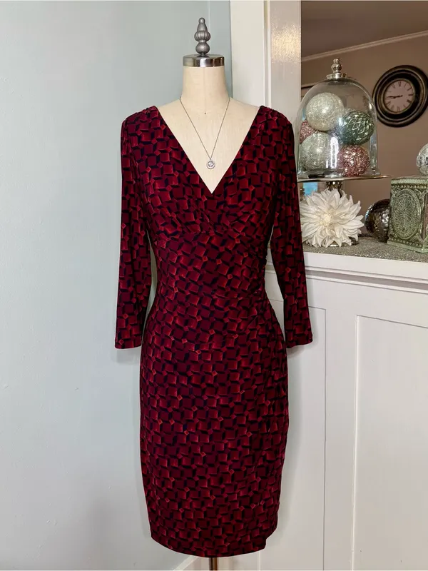 Lauren Ralph Lauren Faux Wrap Sheath Dress Burgundy Black Geometric Ruched Sz 6 - Image 2