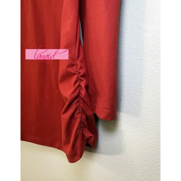 Hot Kiss Zipper V-Neck Open Cold Shoulder Faux Suede Terracotta Ruched Henley M - Image 3