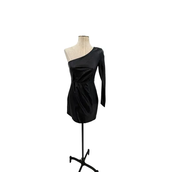 NBD Senia‎ One Shoulder Faux Leather Mini Dress Black Long Sleeve XXS NWT - Image 3