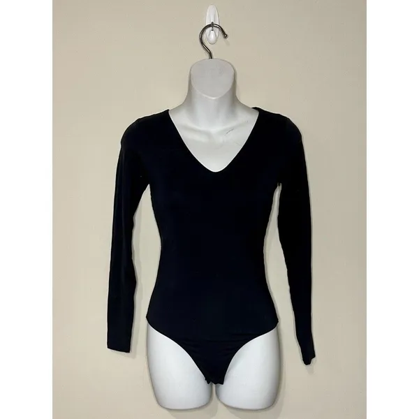 Everlane Bodysuit Top Womens Size XS Black Long Sleeve V Neck Supima Cotton EUC! - Image 2