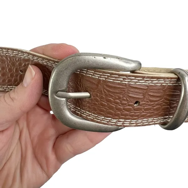Brown Croc Embossed Faux Leather Silver Buckle Belt - Image 2
