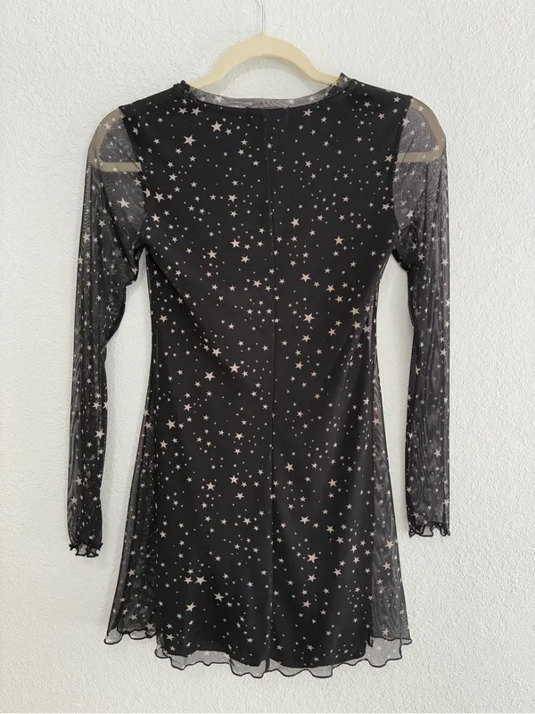 Altar'd State Black Star Mesh Long Sleeve A-Line Dress - Image 4