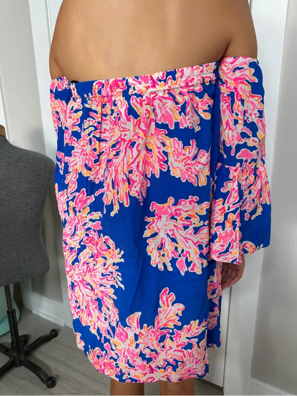 Lilly Pulitzer 100% Silk Blue Floral Off-Shoulder Women’s Dress Sz S Bell Sleeve - Image 3