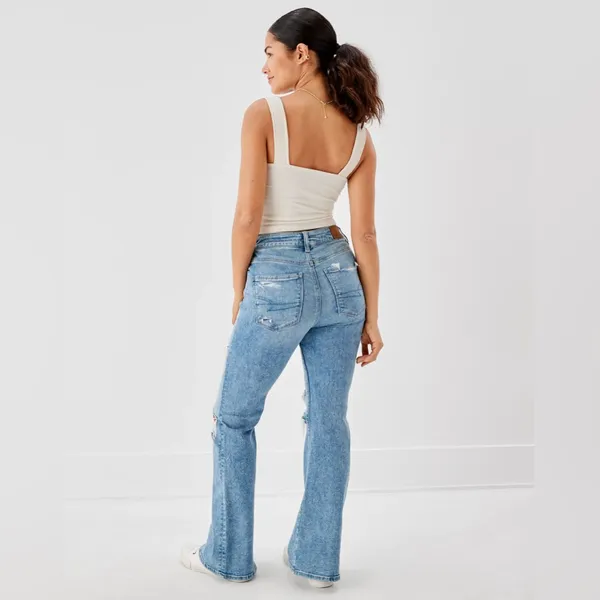 American Eagle Outfitters Light Blue Distressed Flare Jeans High Waisted - Image 2