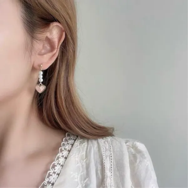 Pink Heart Pearl Dangle Drop Earrings for Women - Image 3