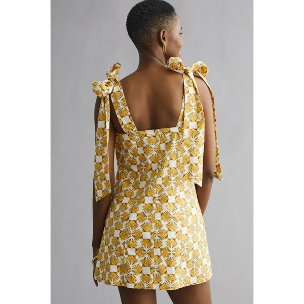 Anthropologie Maeve Yellow White Shell Print Tie-Strap Mini Dress Size L - Image 2