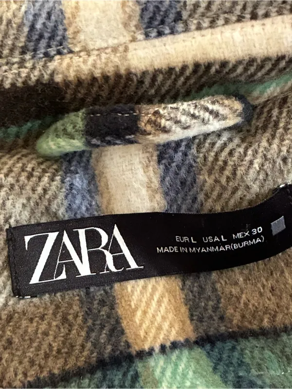 Zara Plaid Shacket Overshirt Snap Front Green Cream Large L - Image 5