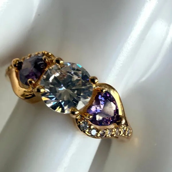 Gold Tone Cubic Zirconia Ring Heart Purple Stones - Image 2