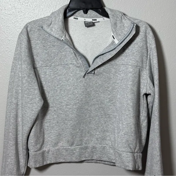 Puma Womens Hoodie Gray mock‎ neck Pullover boxy Sweatshirt size Small - Image 2