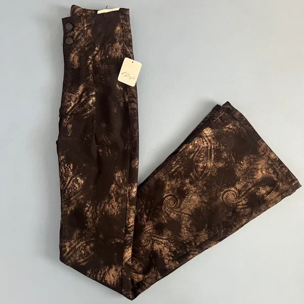 Free People NWT Jayde Black Tie Printed Metallic Black Flare Jeans - Image 7