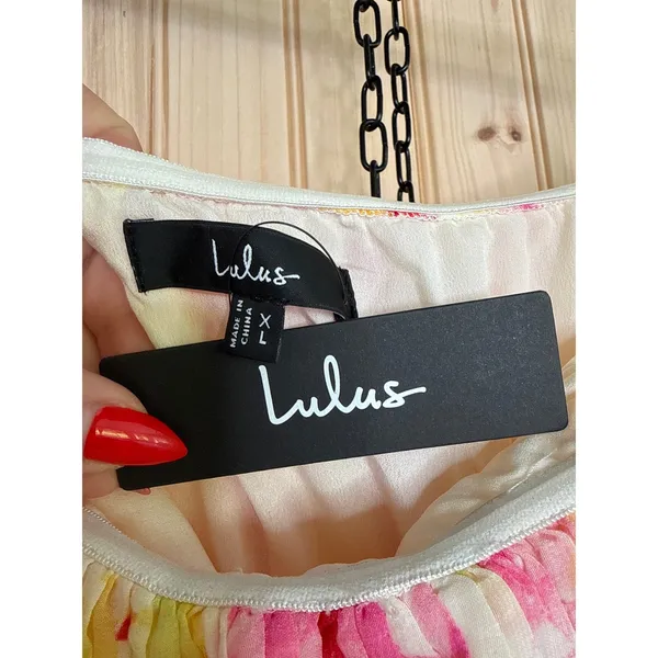 NWT Lulus Nessa Yellow and Pink Abstract Plisse Tiered Midi Dress Colorful Sz XL - Image 5