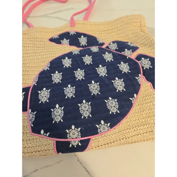 Vera Bradley Straw Tote Bag Sea Turtle Beach Shoulder Bag Pink Navy Large - Image 2