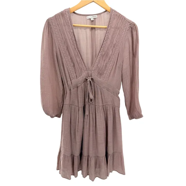 Baltic Born Amelia Boho Mini Dress S Mauve Taupe Lace Trim Tie Front Flowy - Image 2