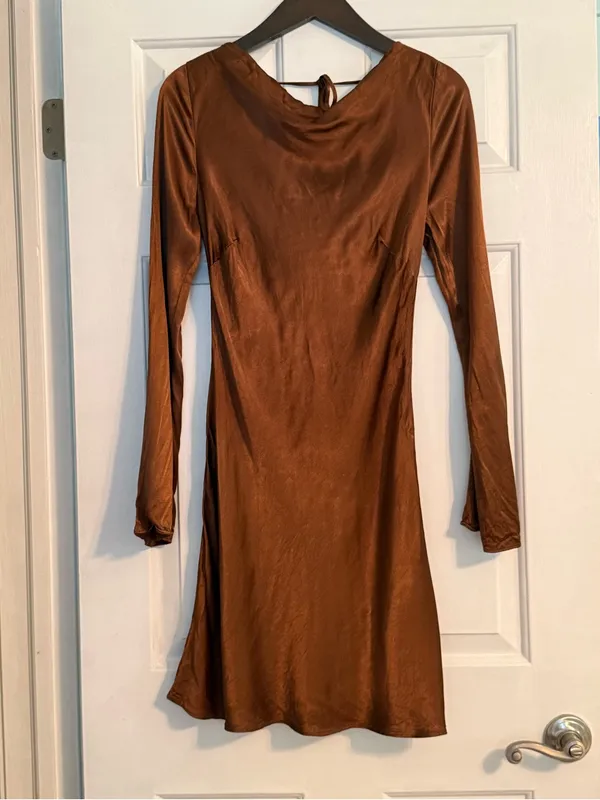 Anthropologie Bronze Satin Long Sleeve Mini Dress - Image 2