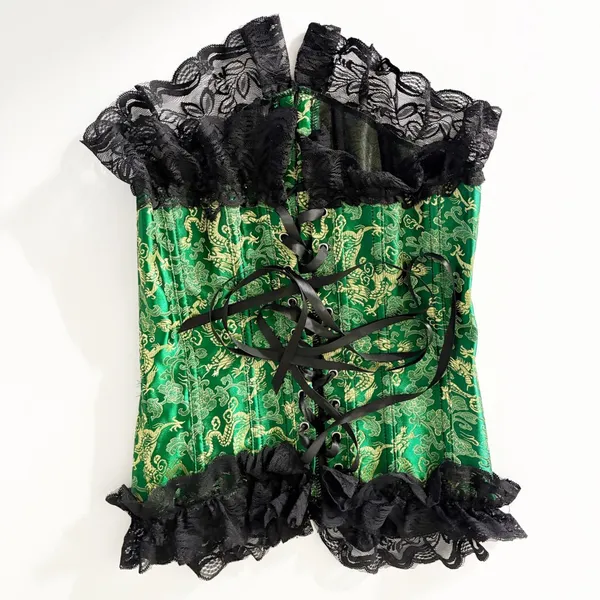 Womens Green Dragon Brocade Lace Trim Gothic Victorian Ren Faire Corset Size M - Image 7