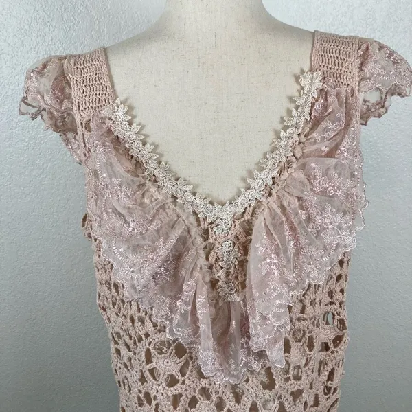 Baby pink BoHo fairycore‎ coquette crochet floral lace tank sweater women’s L￼ - Image 3